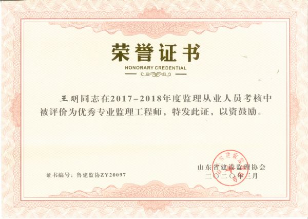 山东省优秀专业监理工程师