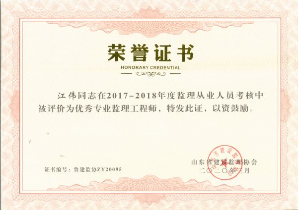 山东省优秀专业监理工程师